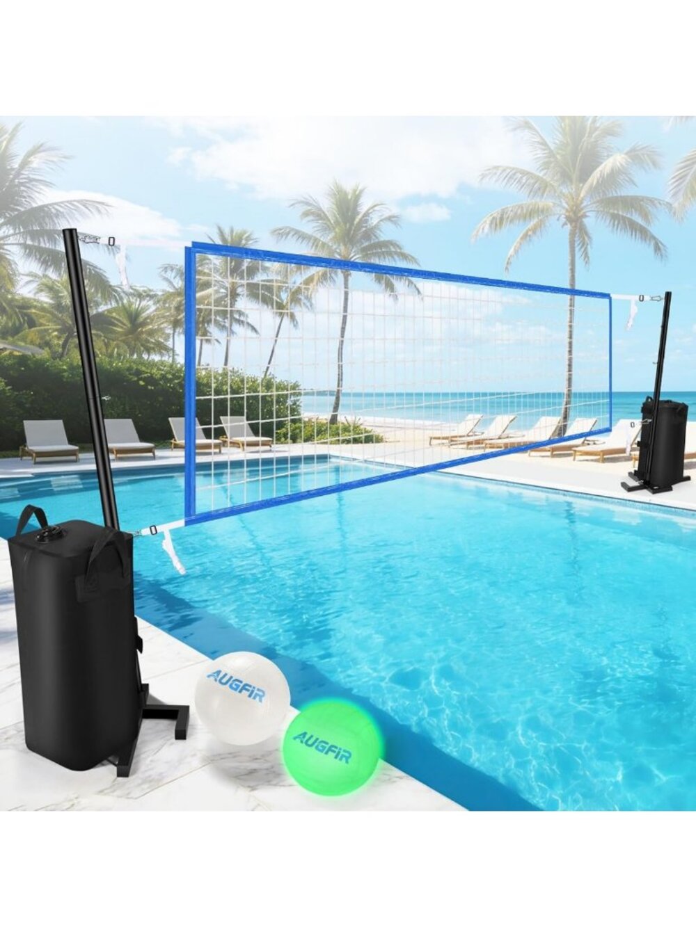 Heavy-Duty Pool Volleyball Set with 2 Balls & Stabilizing Water Bags - Fun